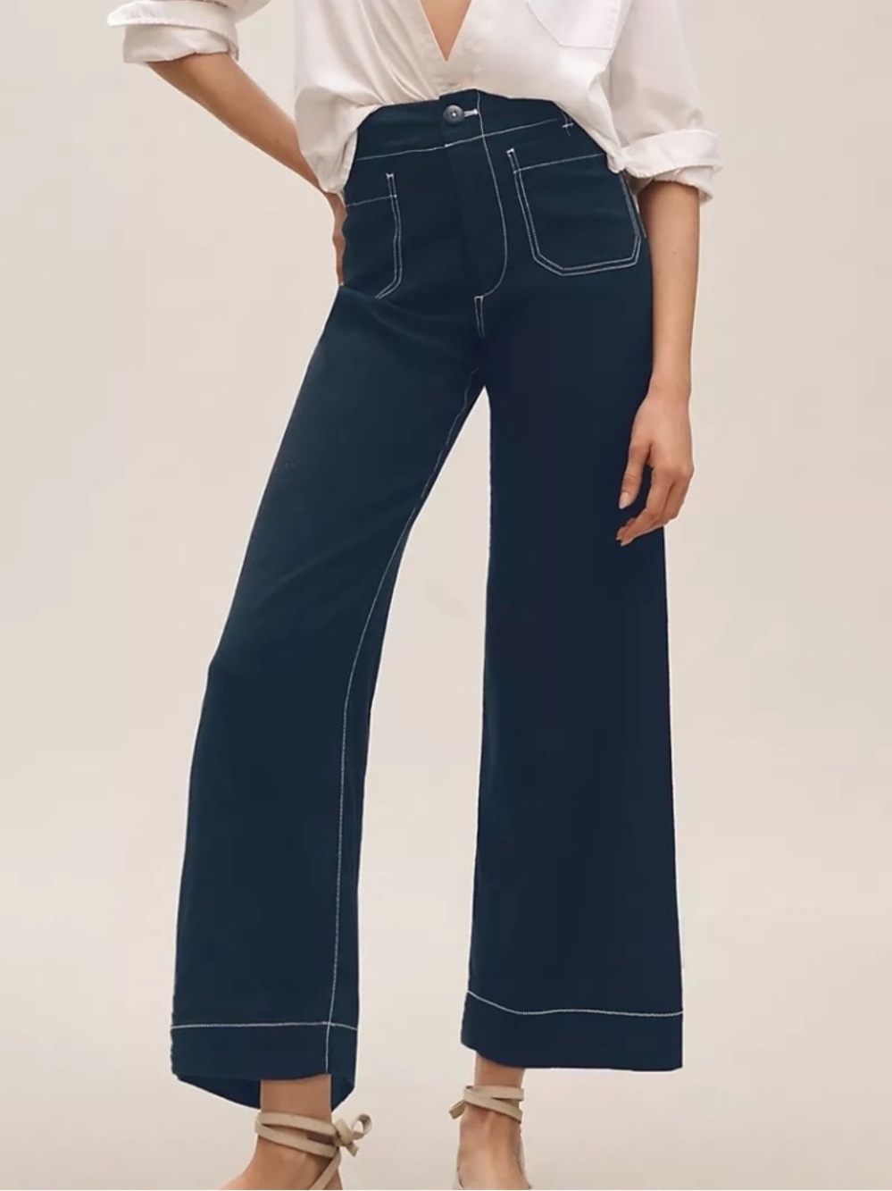 Maeve Anthropologie Colette Linen Crop Pants Contrast Stitch Navy